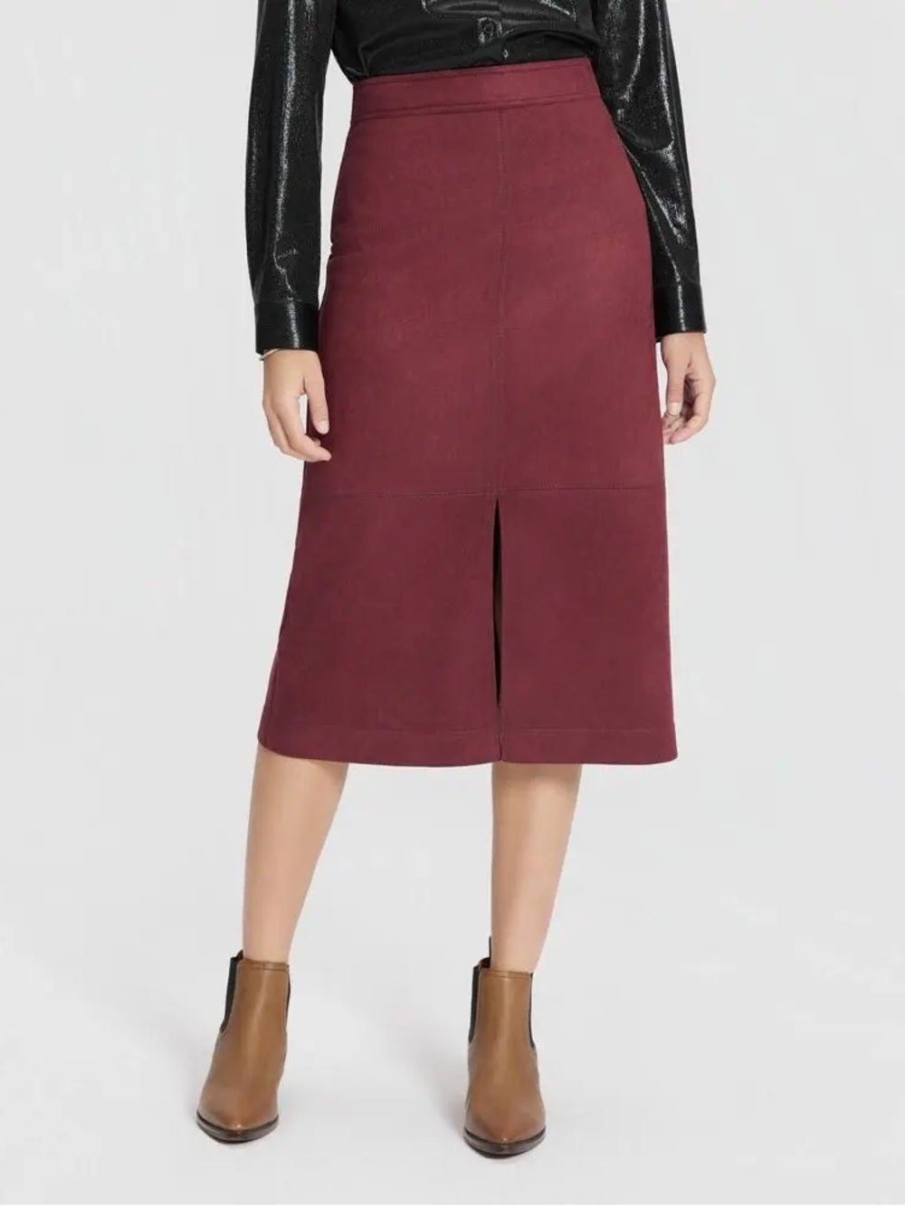 Brown Suede Midi Skirt with Front Slit